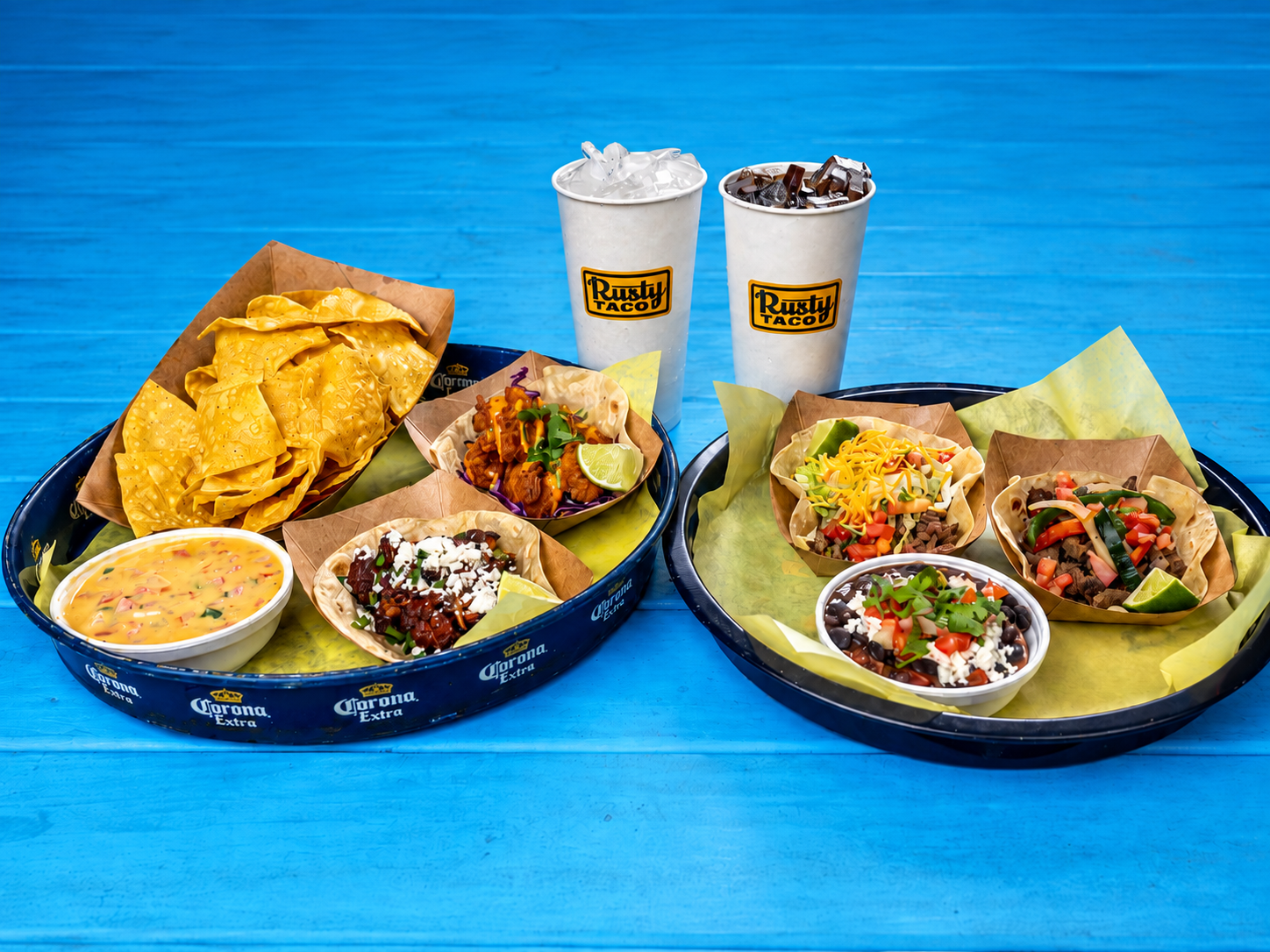 Rusty Taco tacos, chips, queso and drinks