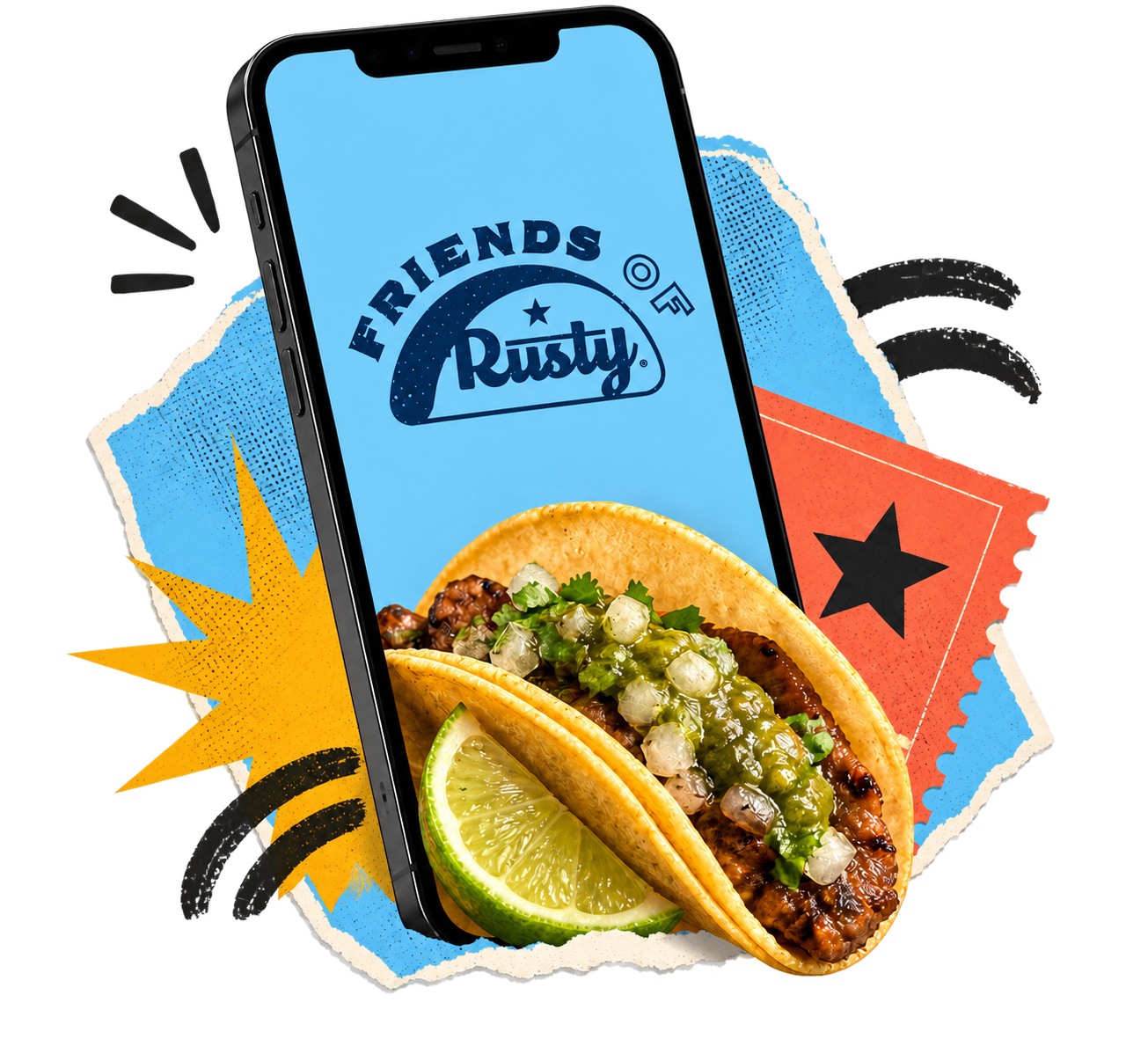 Friends of Rusty rewards phone and taco collage