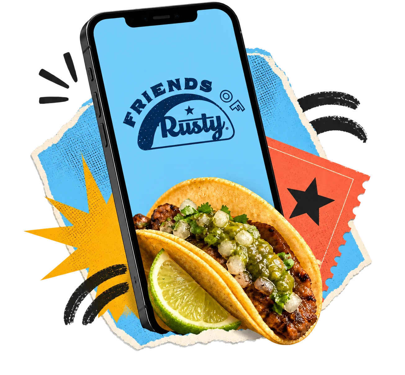 Friends of Rusty rewards phone and taco collage